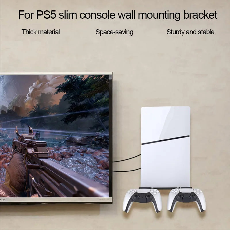 Wall-Mounted PS5 Slim Console Stand – Holder with 2 Controller Hooks & Punch Alignment Sticker, Easy Installation