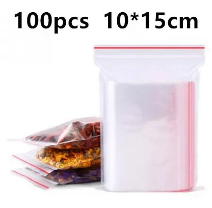 100pcs 50 Micron Clear PE Zip Lock Bags – Reclosable Plastic Pouches for Candy, Cookies & Dried Fruits