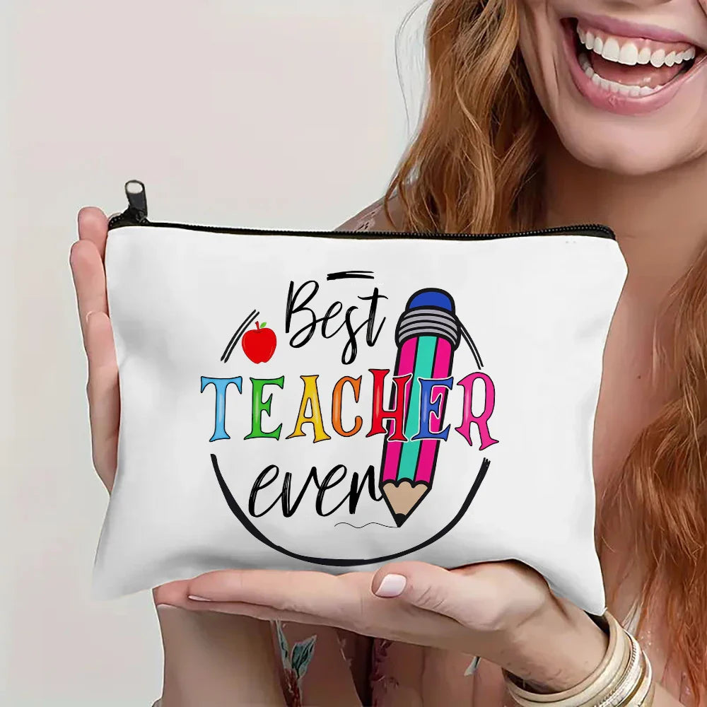 Coffee Teacher Power Makeup Bag – Linen Cosmetic Pouch for Women, Teacher’s Day Gift & Pen Organizer