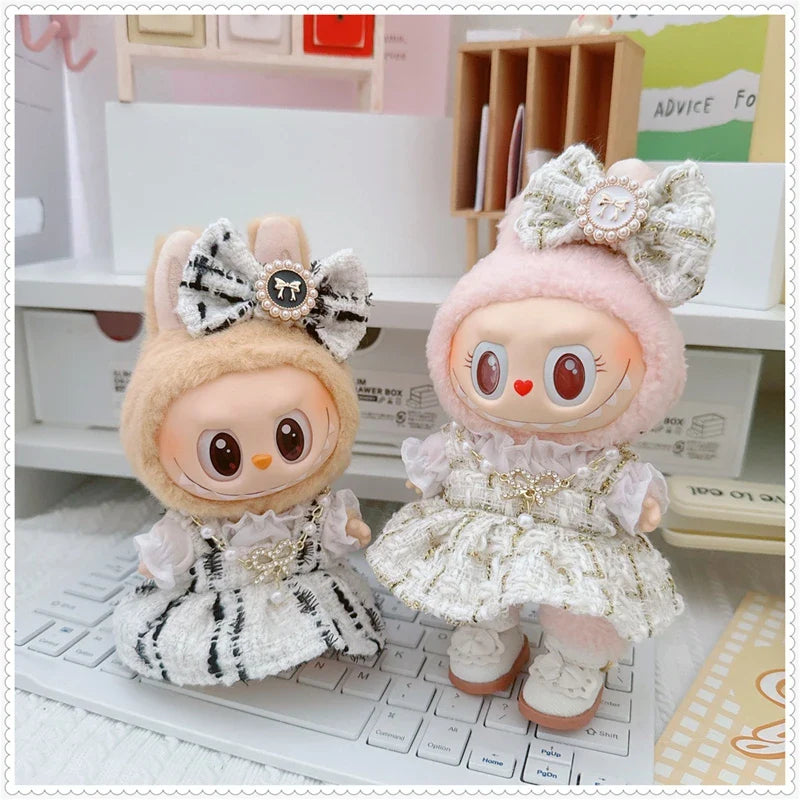 Labubu Doll Accessories — 17cm Luxury Woolen Shawl Suit & Skirt Set with Messenger Bag & Loafers