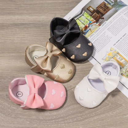 Baby Girls Bow-Knot Heart First Walker Shoes - Soft Anti-Slip Sole Dress Shoes for Infants 0-18M