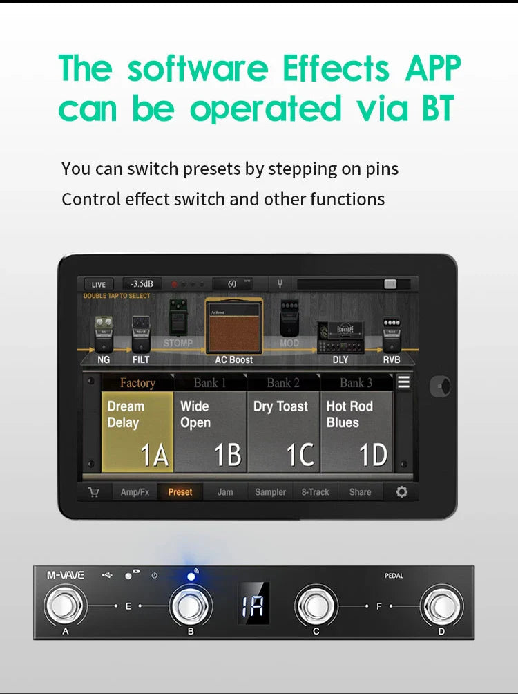 M-VAVE Chocolate MIDI Controller Pedal – Bluetooth Rechargeable, 4 Buttons with APP Control & Wireless Transmission