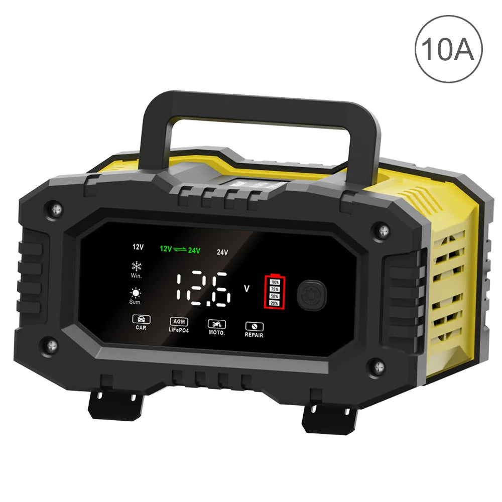 12V/24V Fully Automatic Smart Battery Charger — 7-Segment Pulse Repair for AGM, GEL, WET Lead-Acid Car Batteries