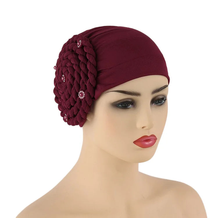 Diamond Braided Turban Hat for Women – Muslim Hijab Bonnet, African Headwrap Cap, Inner Headscarf