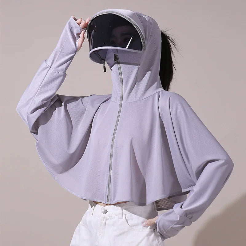 Women’s Summer Sun Protection Cape – Breathable Ice Silk UV Protection Cloak Smock Lightweight Anti-UV Outerwear for Ladies