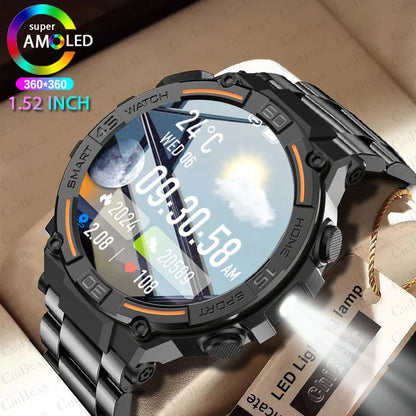 Military Smartwatch for Men – 360x360 HD Screen, Flashlight, Heart Rate, Health Monitor, Waterproof, BT Call for Android & iOS