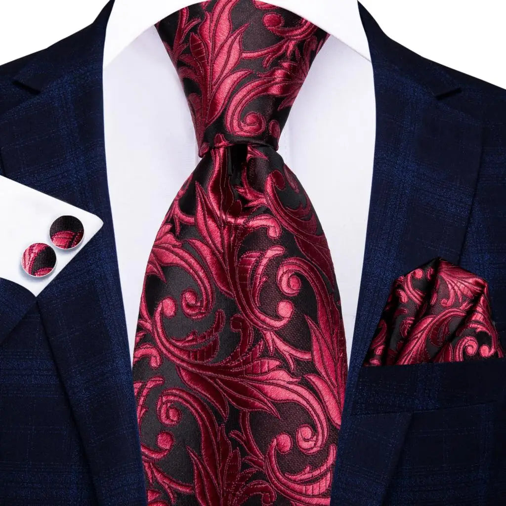 Hi-Tie Red Burgundy Plaid Silk Tie Set — Designer Men’s Necktie with Handkerchief & Cufflinks for Wedding or Business