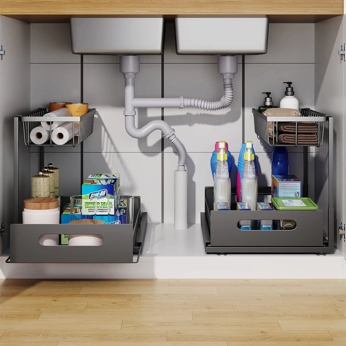 Under Sink 2-Tier Sliding Cabinet Organizer — Pull-Out Basket Drawer for Bathroom & Kitchen Storage