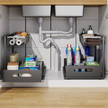 Under Sink 2-Tier Sliding Cabinet Organizer — Pull-Out Basket Drawer for Bathroom & Kitchen Storage