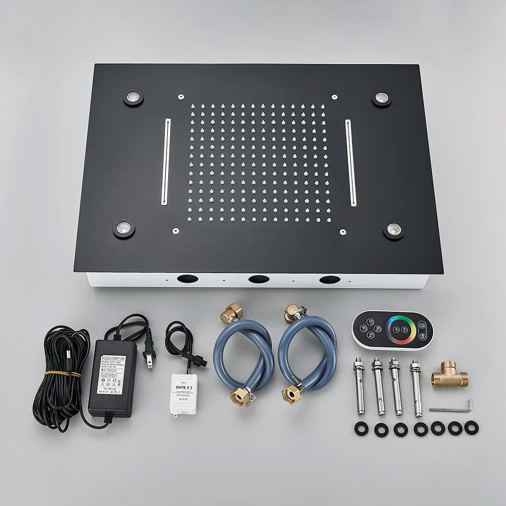 Black Ceiling Mounted LED Rainfall Shower Head – Intelligent Remote Control Concealed Waterfall Tap