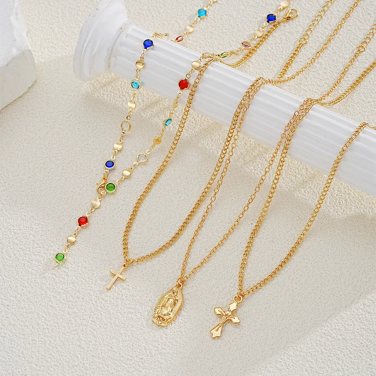 4Pcs Colorful Crystal Necklace Set - Gold & Silver Y-Shaped Pendant Chain Jewelry for Women with Cross Design