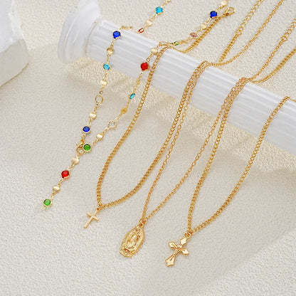 4Pcs Colorful Crystal Necklace Set - Gold & Silver Y-Shaped Pendant Chain Jewelry for Women with Cross Design