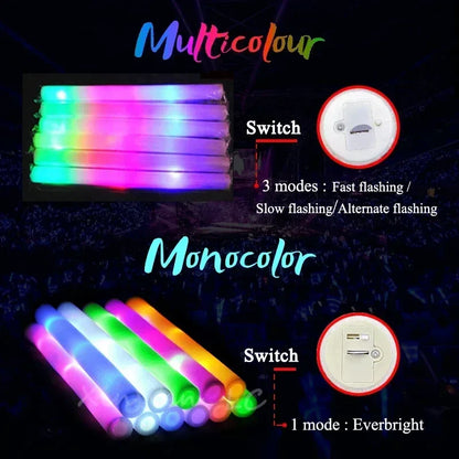 30/60/100/120Pcs RGB LED Glow Foam Sticks – Colorful Cheer Tubes for Dark Light, Birthday, Wedding, and Party Supplies