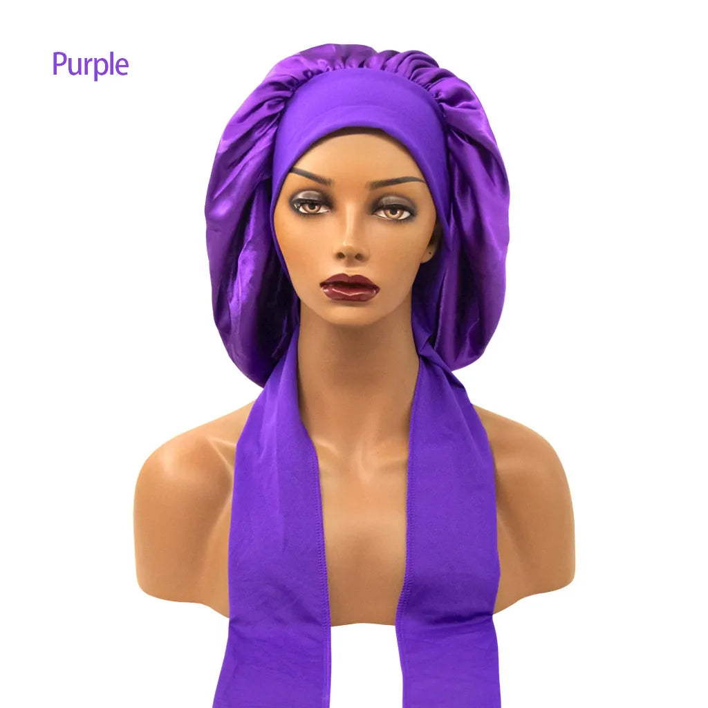 Satin Nightcap for Women - Wide Stretch, Extra-Large Long Tail, Shower Cap with Ribbon, Round Hat Hair Bonnet