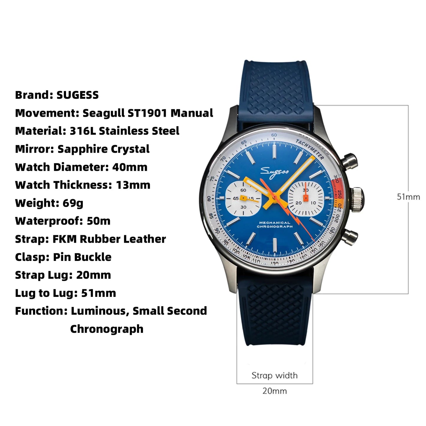 Sugess Pilot Watch – Seagull Movement Mechanical Chronograph, Swan-Neck, Sapphire Crystal, Military Racing 1963 Limited Edition