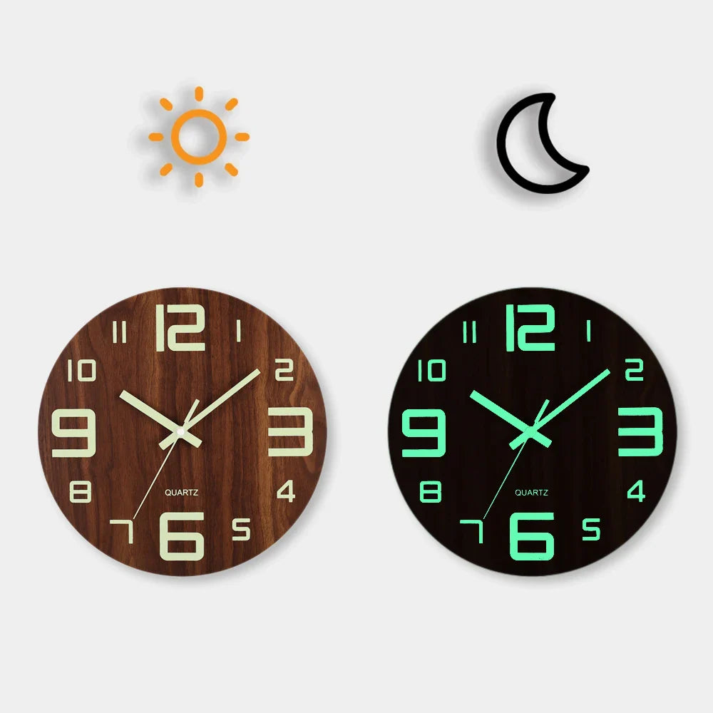 12-Inch Luminous Wall Clock — Nordic Wooden Silent Clock with Night Light, Non-Ticking Design for Dark Room