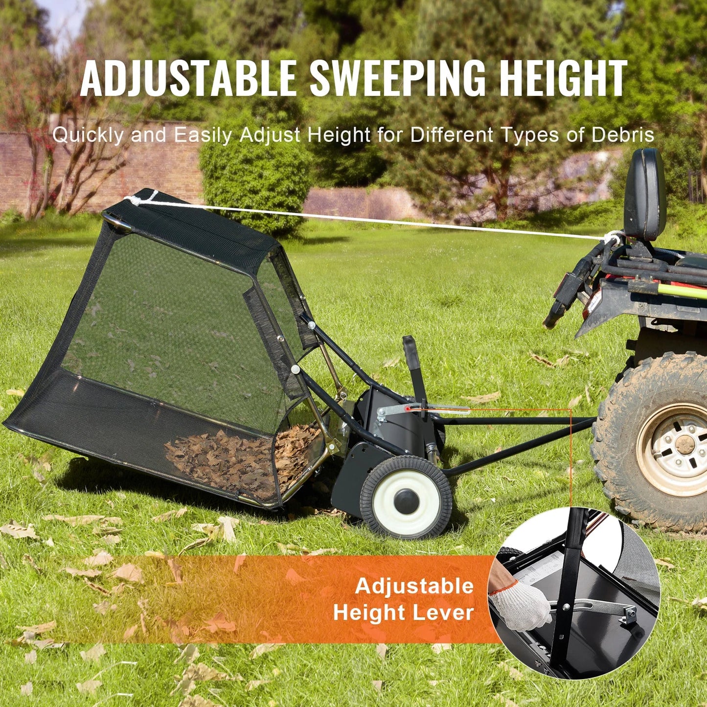 SucceBuy 52 Inch Lawn Sweeper - Heavy Duty Tow Behind Leaf and Grass Collector with 26CuFt Hopper
