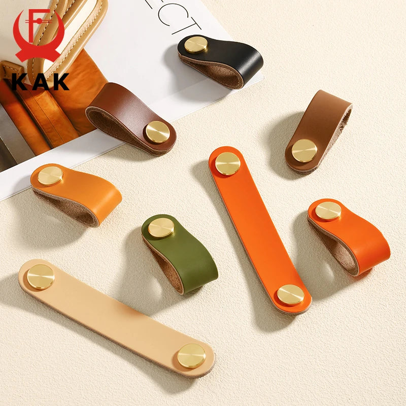 KAK Cowhide Leather Cabinet Handles – Nordic Style Furniture Pulls for Kids Room, Brass & Copper Kitchen Drawer Knobs, Door Hardware