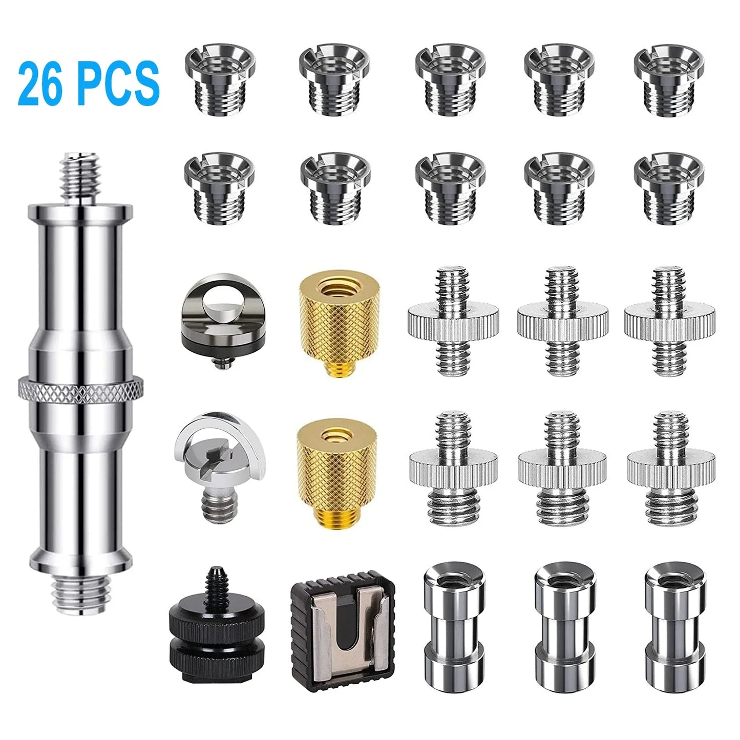26PCS Camera Screw Mount Set – 1/4" & 3/8" Threaded Converter Adapters with Flash Shoe Mount