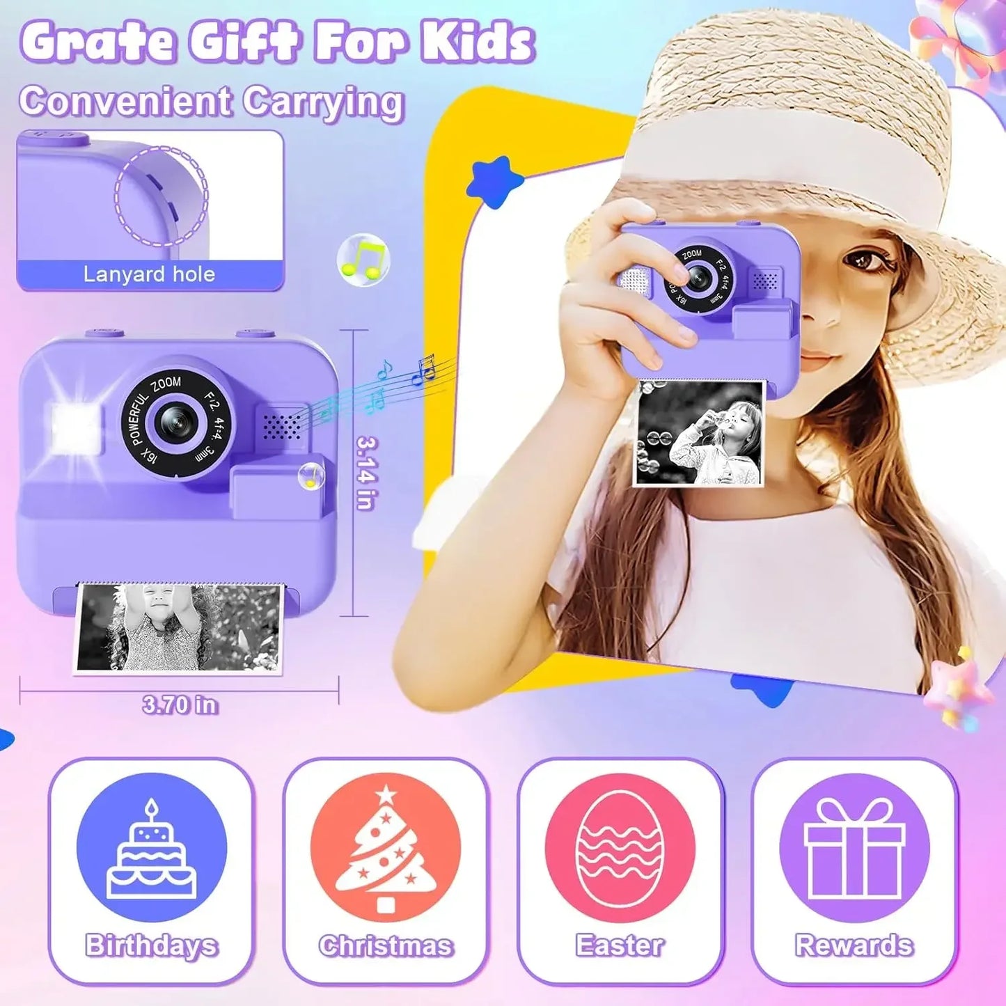 Children's Mini Digital Camera – Thermal Printing, Image Stabilization & 32GB Card Included