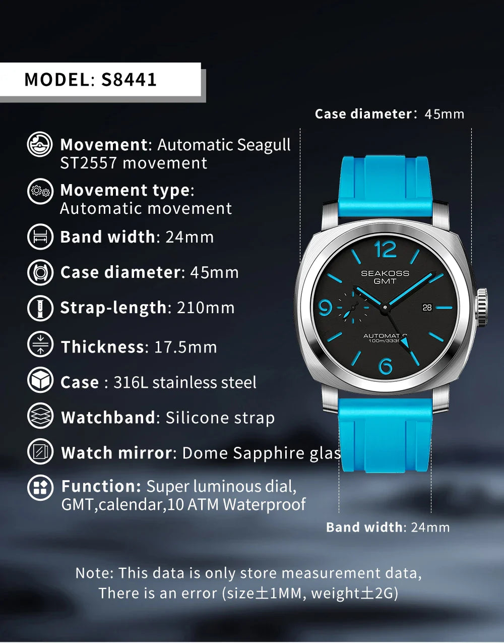 SEAKOSS GMT Men’s Diving Automatic Mechanical Watch — 10ATM Waterproof, 1963 Original 2557 Movement, Calendar, Sapphire Crystal