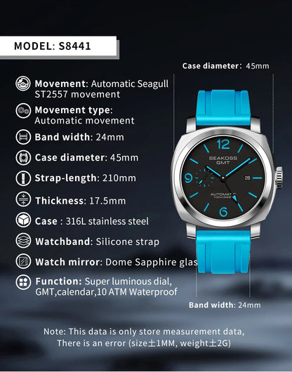 SEAKOSS GMT Men’s Diving Automatic Mechanical Watch — 10ATM Waterproof, 1963 Original 2557 Movement, Calendar, Sapphire Crystal