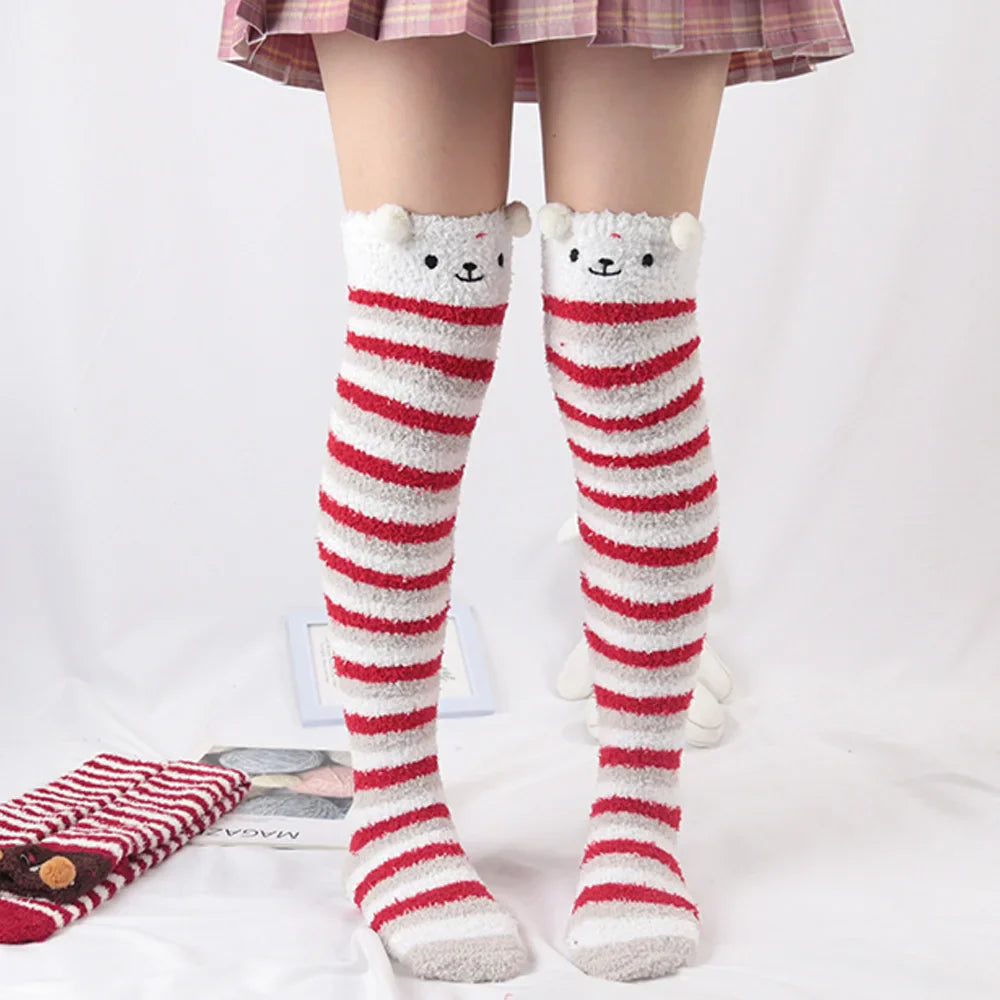 Japanese Girl Animal Knee Socks – Cute Striped Compression Thigh-High Warm Socks for Autumn & Winter
