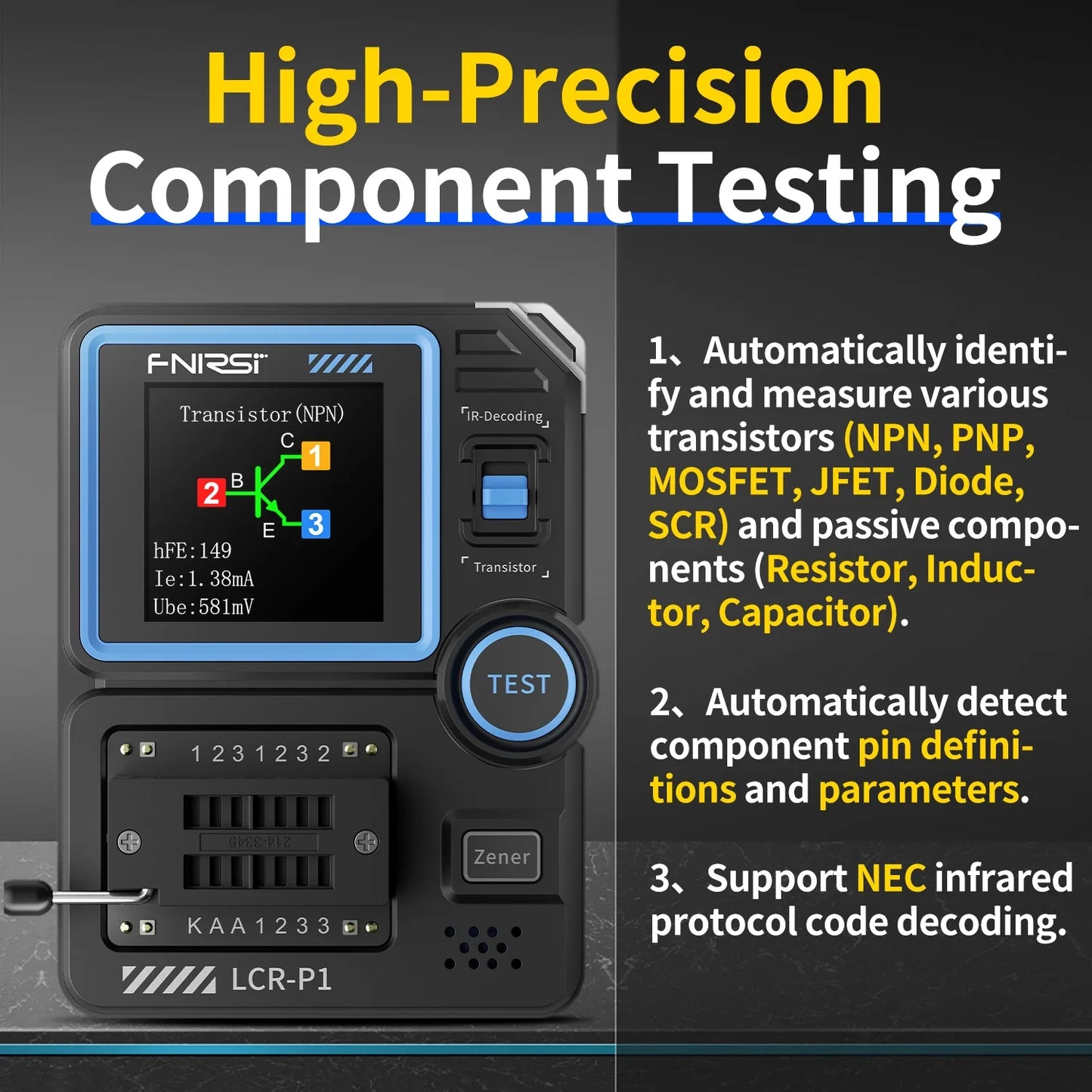 FNIRSI LCR-P1 Transistor Tester – Diode, Triode, Capacitance, Resistance, LCR & ESR Meter for NPN, PNP, MOSFET, IR Testing