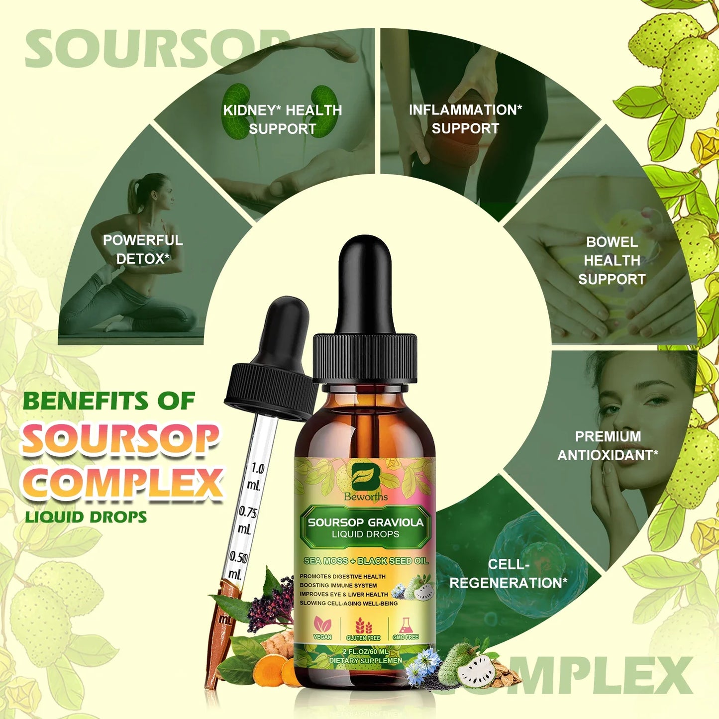 BEWORTHS 60ml Soursop Graviola Extract Drops – Immunity, Kidney Health, Detox & Antioxidant Support, Gluten-Free