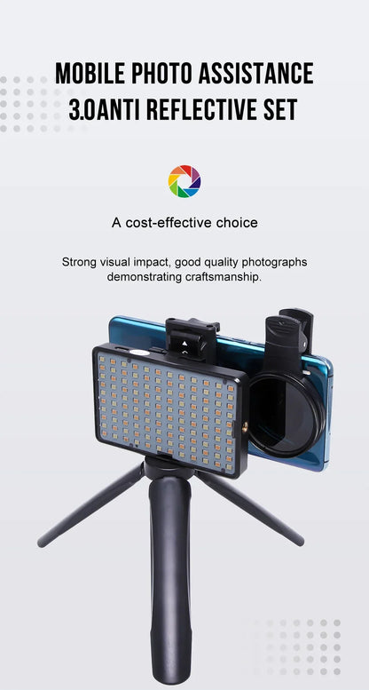 120 LED Tattoo Fill Light with 52mm CPL — Circular Polarizing Filter for Cellphone Lens, Compatible with Any Phone