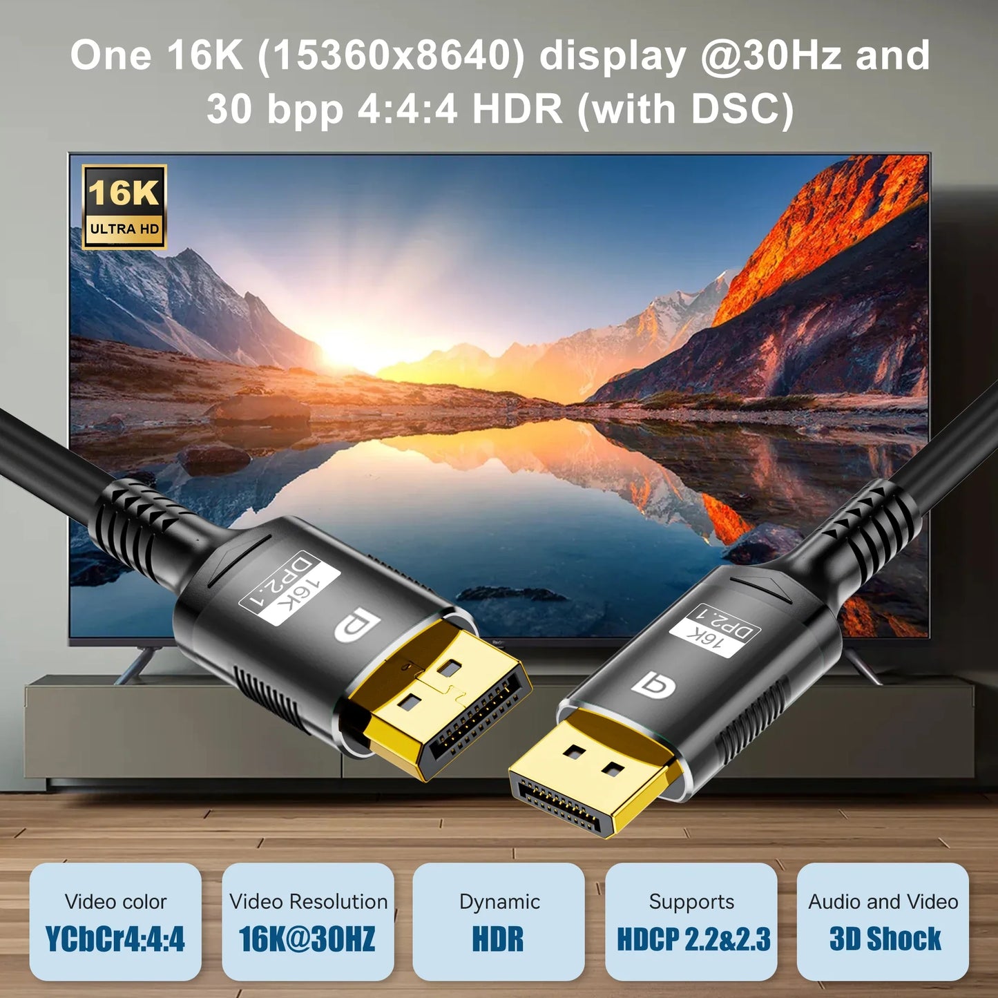 16K DP 2.1 DisplayPort Cable – 8K@120Hz, 4K@240Hz, 80Gbps HDR Video Audio Cable for Laptop, TV, Xbox, Projector, Gaming Monitor
