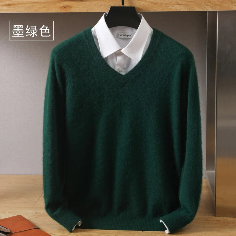 Men’s 100% Pure Mink Cashmere Sweater – V-Neck Knit Pullover, Long Sleeve Winter Jumper, Large Size High-End Top