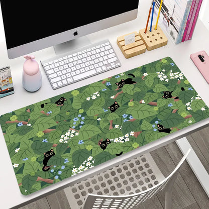 Cute Cat Gaming Mouse Pad - XL Green Plant Design XXL Desk Mat for Keyboard Computer Laptop Gamer Setup