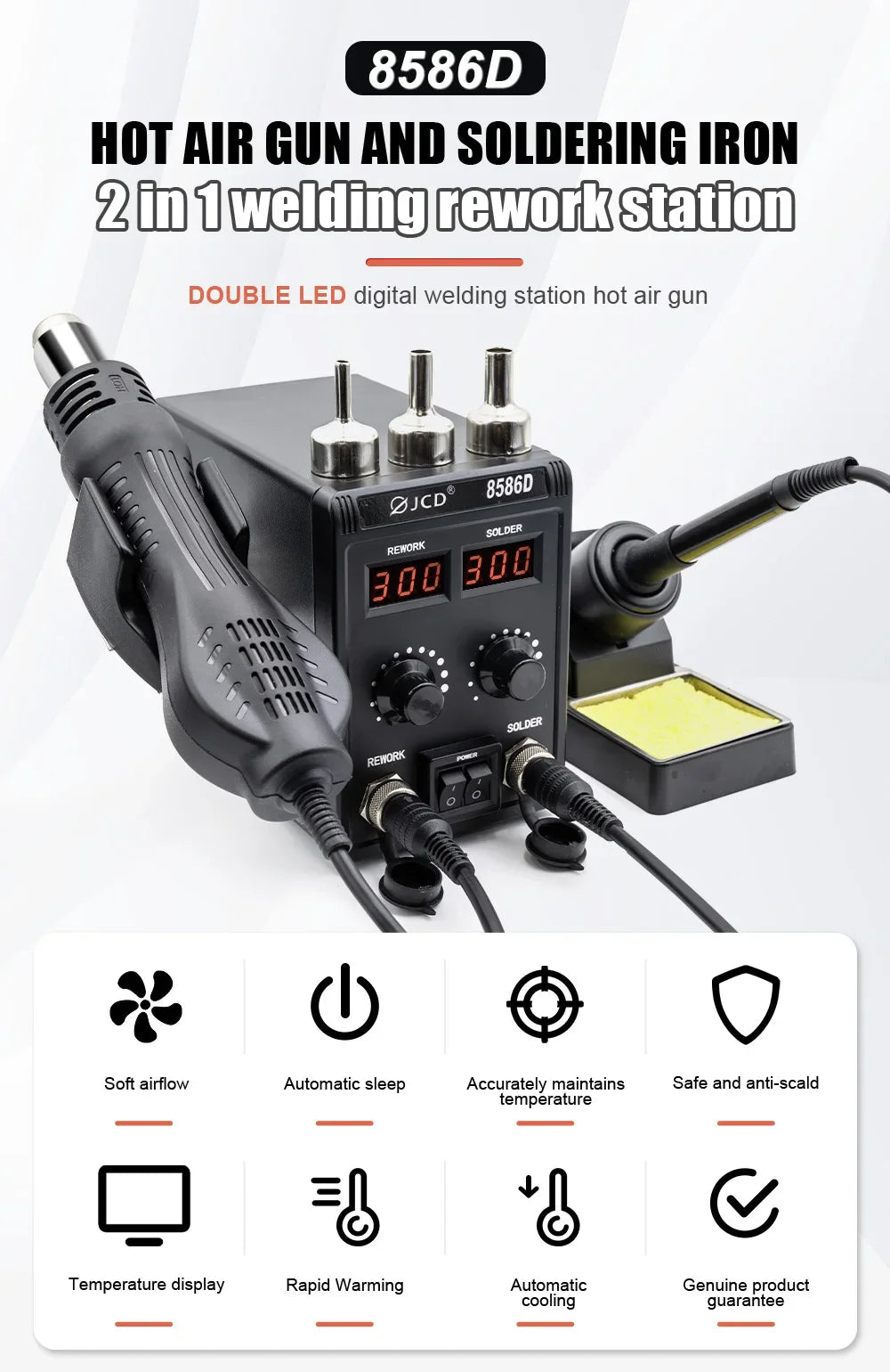 JCD 8586D 2-in-1 750W Soldering Station with Hot Air Gun – LCD Digital Display Electric Soldering Iron for SMD Welding & Rework