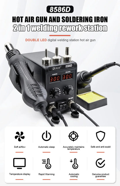 JCD 8586D 2-in-1 750W Soldering Station with Hot Air Gun – LCD Digital Display Electric Soldering Iron for SMD Welding & Rework