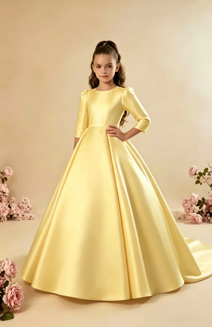Girls First Communion Satin Dress - Long Sleeve A-Line Princess Gown for Weddings & Parties
