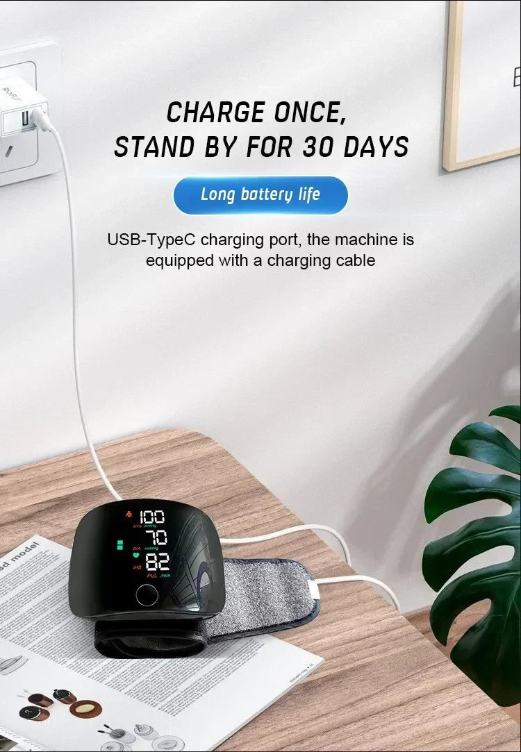 LED Rechargeable Wrist Blood Pressure Monitor – English, Russian, Portuguese, Spanish Voice Broadcast Tonometer