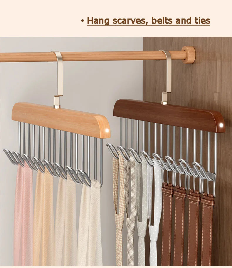I KNOW 8-Hook Wood Clothes Hanger – High-Quality, Strong, Non-Slip Multi-Function Hanger for Caps, Belts & Household Use