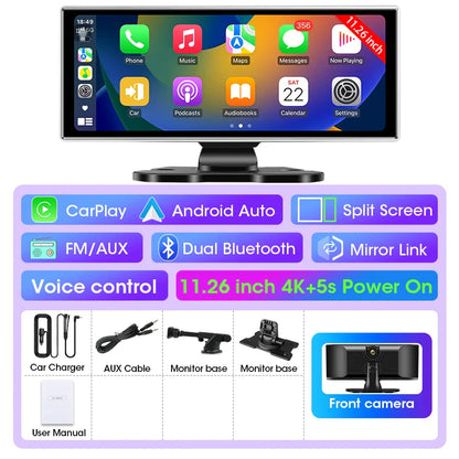 11.26-inch 4K Car DVR Dash Cam – Dual Lens Wireless CarPlay & Android Auto, GPS Navigation, 5G WiFi, FM, AUX Video Recorder Monitor