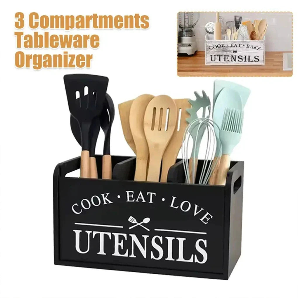 Wood Kitchen Utensil Holder Organizer – 3 Compartment Tableware Stand with Drainage Holes for Cutlery, Snack Bar & Kitchen Storage Use