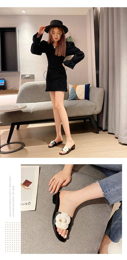 Luxury Women’s Flower Slippers — Camellia Open-Toe Slides for Home & Outdoor, Ladies Flip Flop Sandals