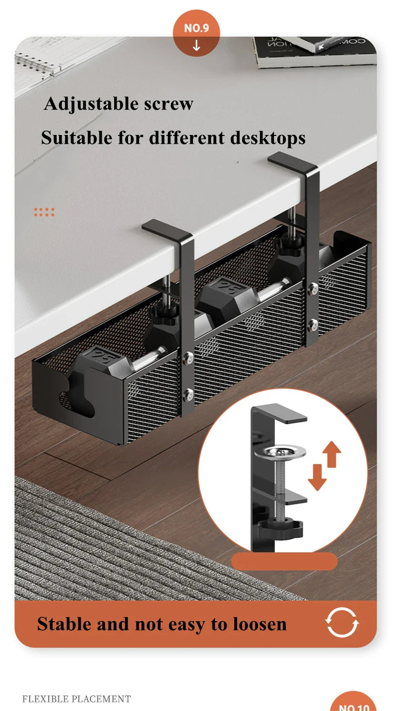 No-Drill Extendable Under Desk Cable Management Tray | Retractable Power Strip & Cord Holder with Clamp