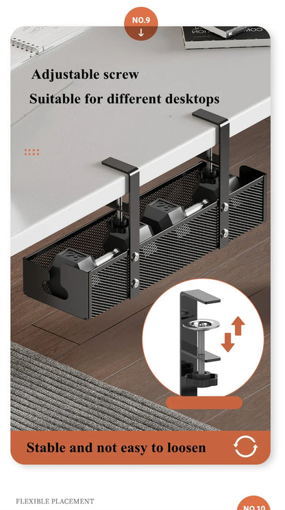 No-Drill Extendable Under Desk Cable Management Tray | Retractable Power Strip & Cord Holder with Clamp