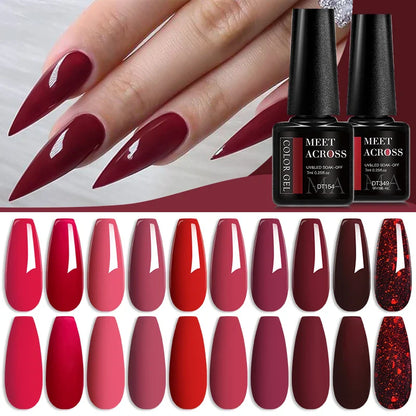 MEET ACROSS 7ml Red Gel Nail Polish – Crystal Semi-Permanent Soak-Off UV Gel, Matte Top Coat and Base Varnish for Nail Art Manicure
