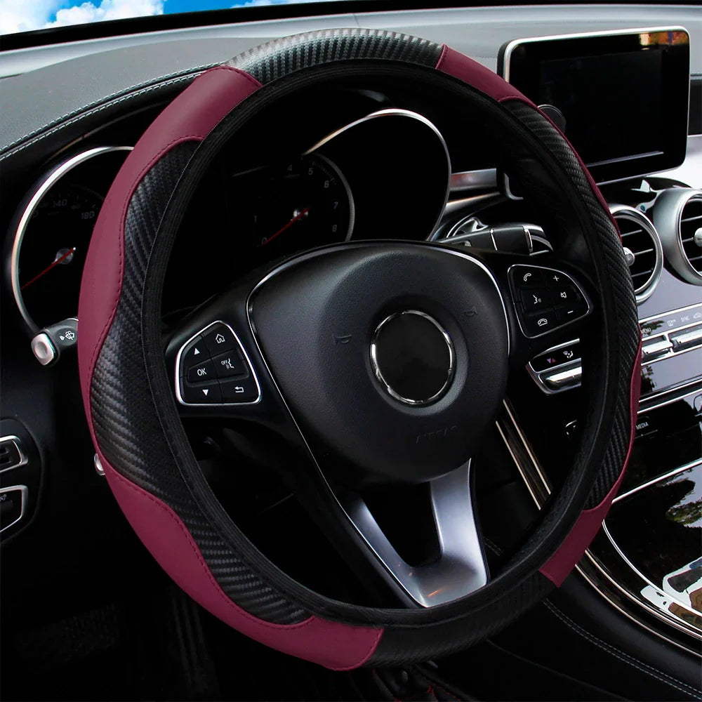 PU Carbon Fiber Leather Steering Wheel Cover — No Inner Ring, Fits 14.5-15 Inch Cars