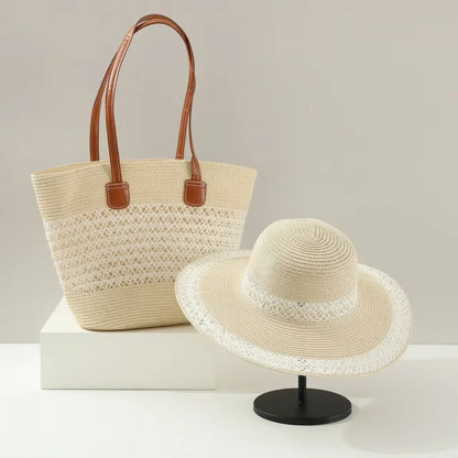 French Style Straw Handbag & Summer Beach Hat Set – Woven Bucket Bag with Fine Stripes