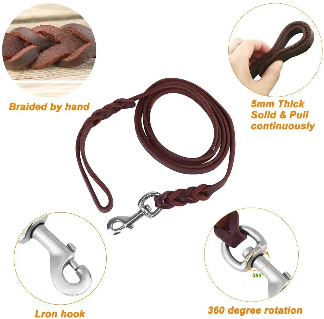 Genuine Leather Dog Leash – Braided Walking & Training Lead for Medium & Large Dogs, Brown & Black
