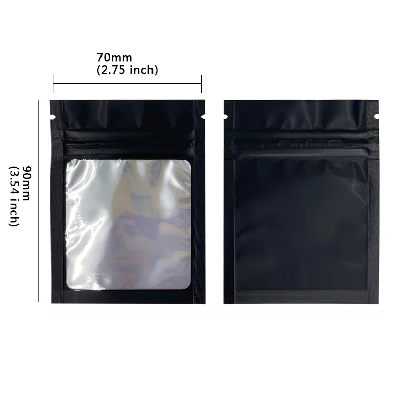 20–100PCS Black Matte Zipper Bags — Smell-Proof Mylar Pouches with One-Side Clear Window