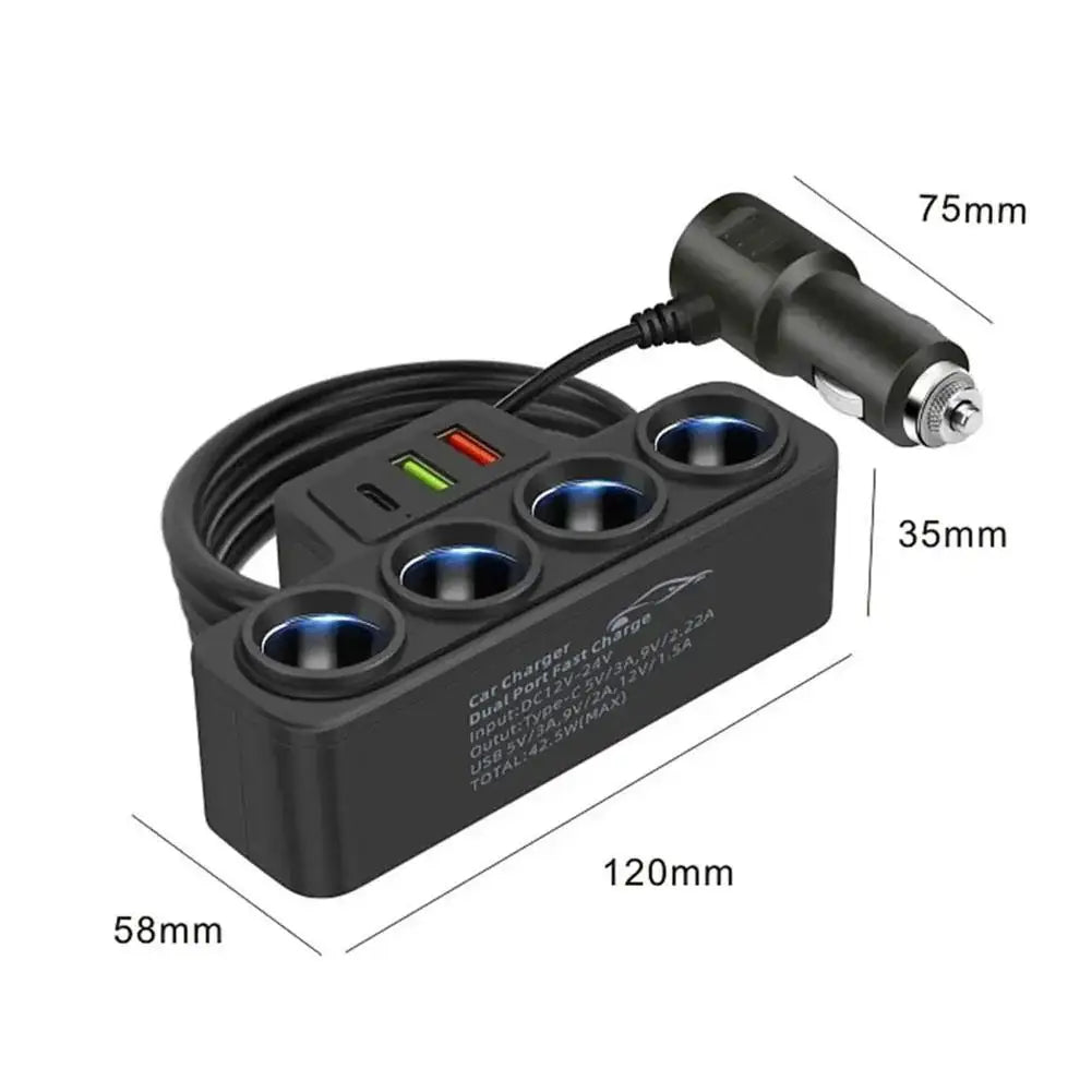 12V/24V Car Cigarette Lighter Adapter – 4 Socket USB Charger with QC3.0 & PD3.1A, 120W Car Accessories Port
