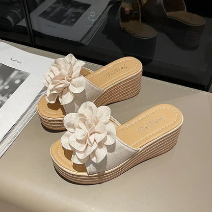 Women's Flower Wedge Sandals - Slip-On High-Heel Platform Summer Shoes